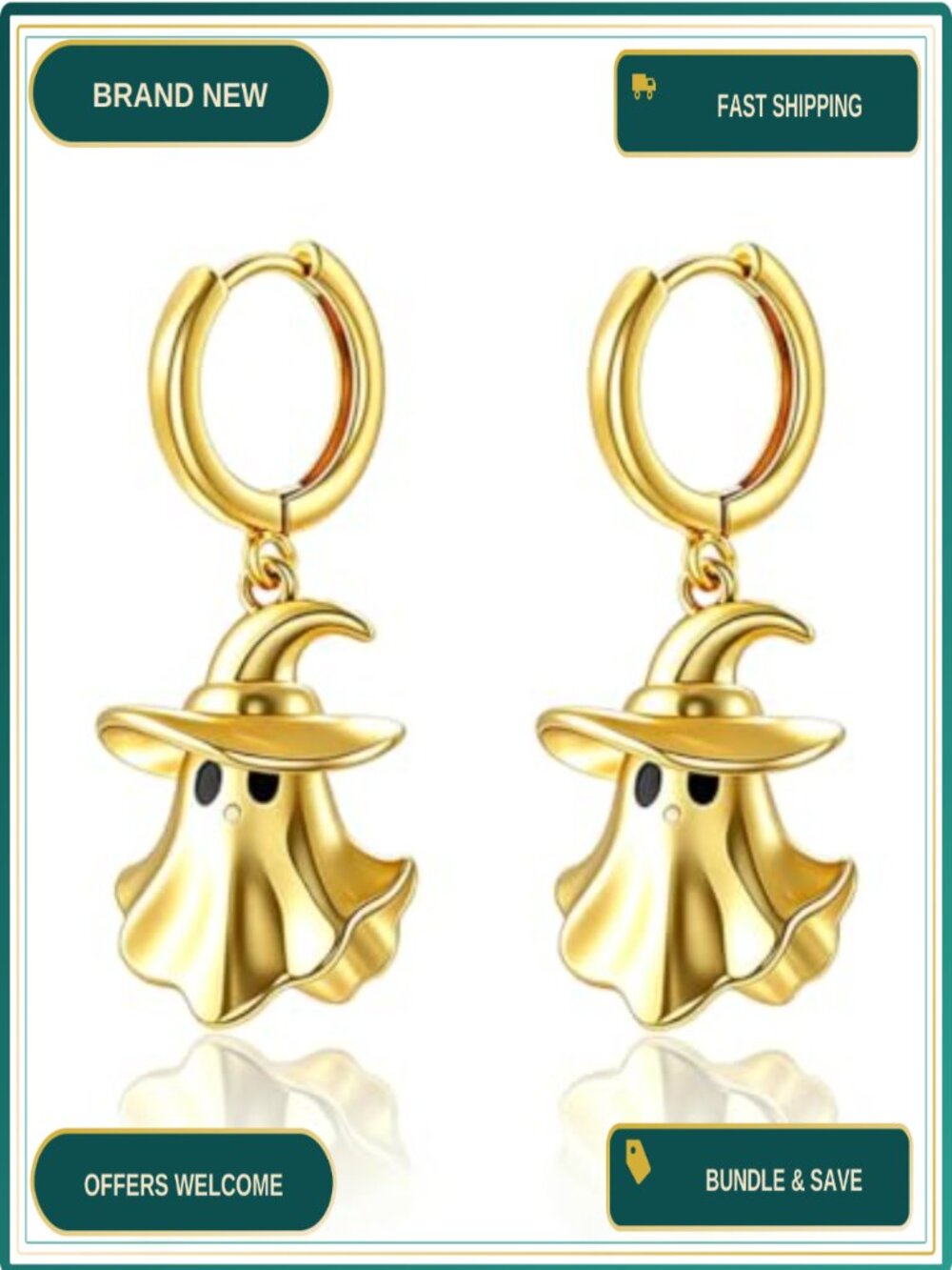 Ghost Witch Hat Charm Hoop Earrings 18K Gold Plated Dangle